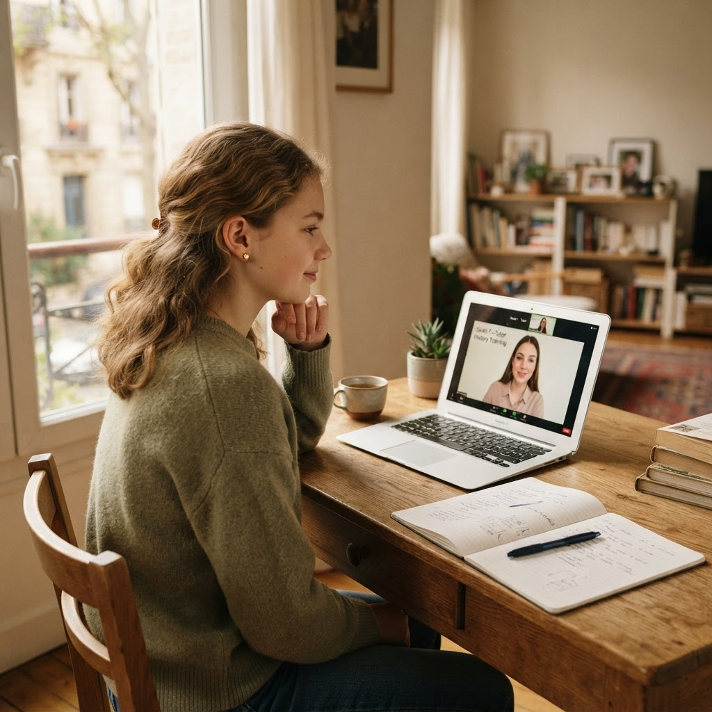 A student at a desk at home taking an online IGCSE lesson on a laptop