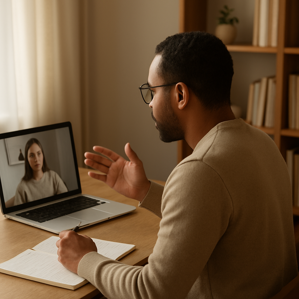 A tutor at a desk explaining work during an online lesson